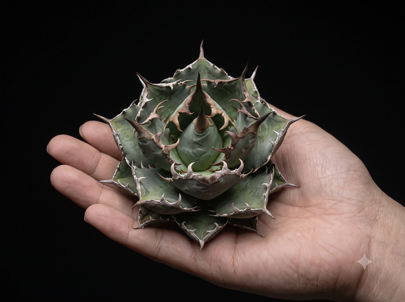 A collector-grade Agave titanota &lsquo;King of Kings&rsquo; held in the palm of a hand